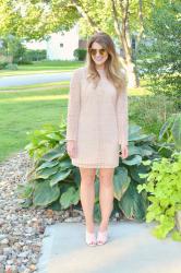 Nude Lace Dress + Blush Suede Mules.