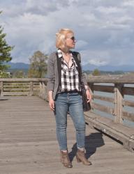 Board certified:  shawl-collar blazer with a plaid shirt, skinny jeans, and western-style booties