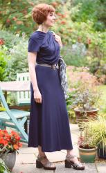 Navy Ballerina-length Dress and Chunky Sandals.