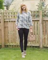 A Versatile Autumn Leaf Print Top in Shades of Teal, Petrol and Taupe