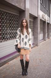 Outfit: 70s in bell sleeve blouse, suede mini skirt, knee high boots