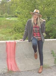 PLAID WITH A CABLE KNIT CARDIGAN