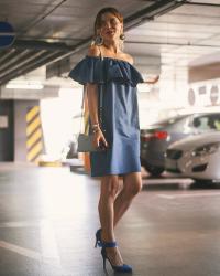 Blue Blue Heart: Total Indigo Outfit - Off Shoulder Dress & Heels