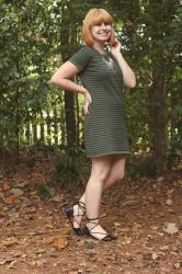 Outfit: Striped Khaki Green Shift Dress with Lace Up Flats
