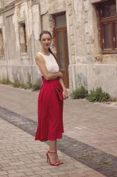 high waist red midi skirt