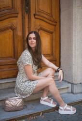 Outfit: open back floral dress, teva flatforms