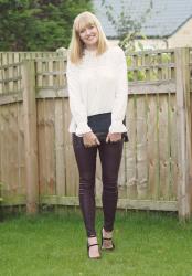 Berry Coated Leggings with the M&S Romantic Lace Top and Strappy Leopard Print Heels
