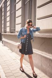 Outfit: vintage button through dress, denim jacket