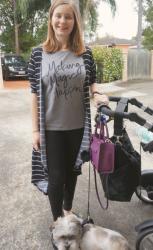 Grey Tees, Black Jeans and Purple Mini MAB Tote Bag