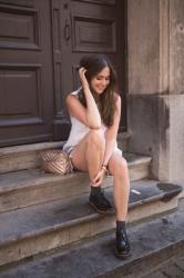 Outfit: eyelet top, denim cutoffs, patent brogues