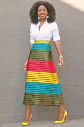 Button Down Shirt + Striped Color Block Midi Skirt