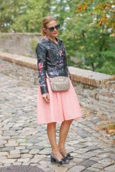 Embroidered faux leather jacket and mid heel loafers