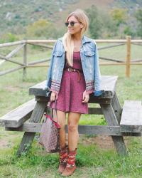 Burgundy dress.