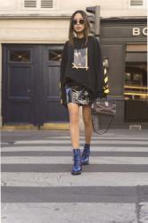 Oversized Hoodie and Patent Leather Skirt in Paris