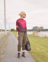 Stormy:  How to style a colour-blocked sweater and slouchy cargo pants
