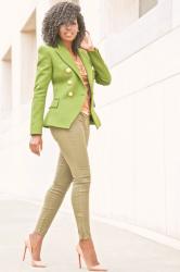 Olive Double Breasted Blazer + Cowl Neck Blouse +  Coated jeans