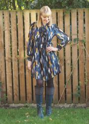 Tie Neck Print Smock Dress and Knee High Navy Tasseled Boots