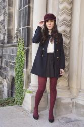 Navy coat and burgundy cabby hat |  Collab with Adrienne Naval 