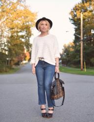 Taking a stand:  styling cropped flares with a white sweater, platform heels, and a fedora