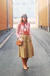 Autumnal Layering | Styling a Camel Midi Skirt With Multi Textures and Warm Colours