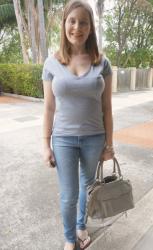 Simple Spring Outfit: Grey Tee, Skinny Jeans, Rebecca Minkoff Morning After Mini Bag