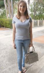 Simple Spring Outfit: Grey Tee, Skinny Jeans, Rebecca Minkoff Morning After Mini Bag