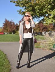 Segue:  vegan leather vest and leggings, wedge booties, and long cardigan