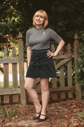 Outfit: Green Corduroy Skirt, Mock Turtleneck, and Gray Leopard Print Heels