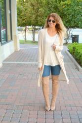All Beige: Long Cardigan and Thigh High Boots.