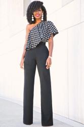 Polka Dot Single Shoulder Top + High Waist Belted Pants