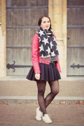 Red leather jacket & polka dot sweater