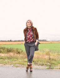 Photo bomb:  faux-fur bomber jacket, floral blouse, slouchy pants, and platform booties