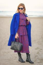 Long belted wrap coat and embroidered combat boots