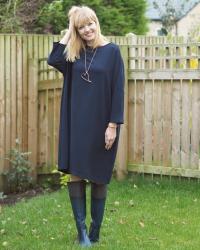 The Hope Navy Crepe Cocoon Dress and Navy Knee High Boots