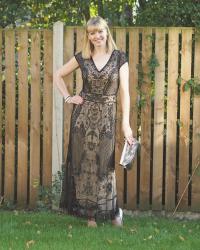 Black Beaded 1920s Style Full- Length Cocktail Gown and a Black Faux Fur Jacket