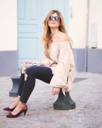 BARDOT BLOUSE AND BURGUNDY SHOES