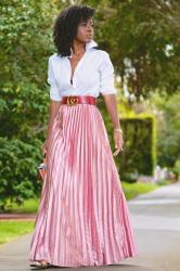 Button Down Shirt + Metallic Pink Please Skirt