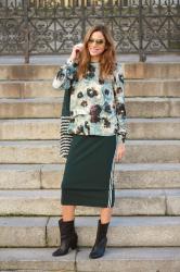 camisa y falda tubo: flores y rayas.
