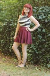 Outfit: Striped Mock Turtleneck and Maroon Skater Skirt