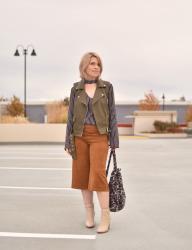 Poll day:  Wardrobe maximalism and a moto vest styled with faux-suede culottes and ivory booties