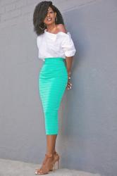 Deconstructed Off Shoulder Shirt + Ribbed Pencil Skirt