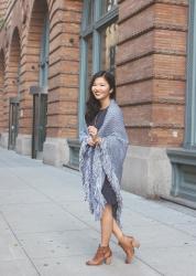 Navy Sweater Dress & Fringe Poncho