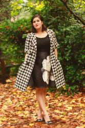 Graphic print skirt, houndstooth heels, and clothing considerations