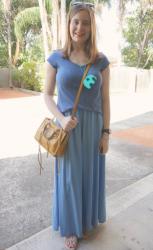 Monochrome Maxi Skirt Outfits: Chambray and Grey with Rebecca Minkoff Accessories