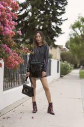 Multicolor Striped Sweater and Mini Leather Skirt