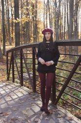 Plaid coat and burgundy beret 