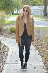 Tan Suede Jacket + Mega Flatforms.