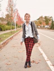 Converted:  styling red plaid jeans with a chambray shirt and shawl-collar blazer