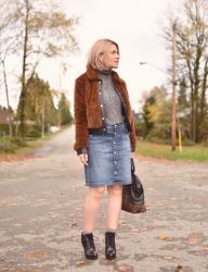 Bare versus bear:  Styling a faux-fur bomber jacket with a button-front denim jacket and lace-up booties