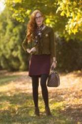 Turning Heads Linkup-Olive Ruffled Jacket with Burgundy Sweater Dress